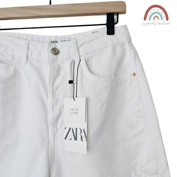 New! Zara High Rise Straight Leg Distressed Button Fly Rigid White Jeans - Picture 8 of 14